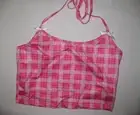 Shein plaid string tie halter w/bows crop tank S pink nip kawaii
