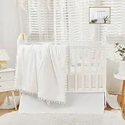 Brandream Gender Neutral Boho Bohemian Baby Girl Boy Nursery Crib Bedding Set 3 Pieces Solid White Farmhouse Chic Unisex Minimalist Tassel Pom Pom Macrame Cozy 100% Washed Cotton