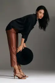 Anthropologie 12 NWT Laser-Cut Faux Leather Trousers Pants Taupe Brown