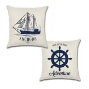 Set of 4 Pillow Covers 18x18, Sailboat Anchor & Ship Wheel Style Linen Fabric