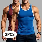 2PCS Men's Tank Top Vest Undershirt Sleeveless Shirt Sleeveless Round Neck Summer Solid Color Plain Athletic Color Block 2 Pack Street Casual Sports Blue Blue