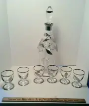 1970‘s Bohemia Crystal 25th Wedding Anniversary Silver Decanter Set W/ 6 Glasses