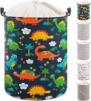 Large Laundry Basket 19.7 Inch Storage Basket Hamper with Lid Collapsible Drawstring Clothes Washing Basket with Handle,Foldable Bathroom Bedroom Storage for Clothes Toys Towels (Blue Dinosaur)
