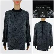 Ann Taylor Womens Medium Top L/S Floral Mock Neck Blouse Black Modal NWT $59.50