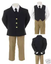 NEW Infant Boy Toddler Tuxedo Formal Party Wedding Navy Jacket Khaki Pants Suit