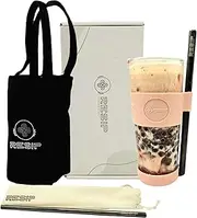 RESIP 700ml Reusable Boba Cup/Smoothie Cup with Straw – Perfect for Milk Tea, Coffee, Smoothies – Comes with Straws Set, Tote Bag, Glass Cup with Lid, Gift Box (Salmon Pink)