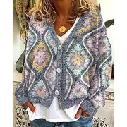 Women's Sweater Cardigan Fashion Streetwear Daily Argyle Ribbed V Neck Knitted Print Long Sleeve Regular Tops Knit Holiday Going out Weekend Dark Blue Fall Win