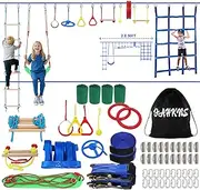 2x50 Ft Ninja Obstacle Course Kit for Kids with Slackline and 13 Fun Accessories Including Climbing Net, Rope Ladder, Monkey Bars, Ninja Obstacle Course for Kids Ages 3+ with 440lbs Weight Capacity