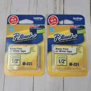 Brother P-Touch M-Tape 1/2-Inch M-231 Black Print On White Tape - 2 Packs NEW