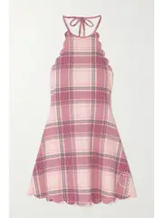 [Marysia] Marysia - Bianca Scalloped Checked Seersucker Halterneck Tennis Dress - Pink - large large Pink