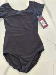 Girls Leotard M Black Eurotard Short Sleeve Unitard 90% Cotton 10% Spandex