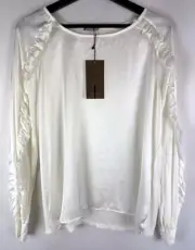 NEW Zara Women's Ivory Shiny Silk-Like Ruffle Long Sleeve Scoop Top Blouse Large