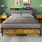 Queen Bed Frame with Headboard Storage, Industrial Metal Bed Base with USB Port