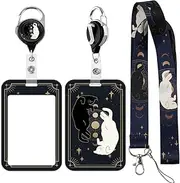 BKBKAAK Cat Lanyard for Id Badge Holder, Cute Retractable Lanyards with Name Tag Clips,Cat and Moon Phases Keychain for Women Teachers Nurses