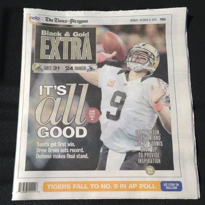 NEW ORLEANS SAINTS DREW BREES TIMES PICAYUNE NEWSPAPER 10-8-2012 UNITAS RECORD⚜️