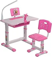 Kids Study Desk with Chair, Height Adjustable Multifunctional School Students Writing Drawing Desk with Drawer Bookstand Storage/LED Light for School Bedroom, Can Be Raised and Lowered