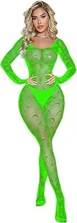 [Oxtxuzdm] Womens Long Sleeve Low Neckline Lingerie Bodysuit See Through Fishnet Open Crotch Bodystocking Jumpsuit Exotic Underwear
