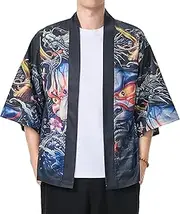 [PRIJOUHE] Mens Kimono Robe Jacket 3/4 Sleeve Open Front Japanese Shirt Bathrobe Lightweight Coat