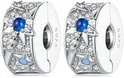 [MEETCCY] 2pc Clip Spacer Charm Bracelets for Women 925 Sterling Silver Blue White Crystal Charm Clip Lock Spacer Stopper Charm Bead for Bracelet