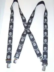 Men's X Style Suspenders, Skull and Crossbones Design, Belt Loop Snaps, USA Made