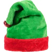 Adult Green & Red Plush Elf Hat with Jingle Bell
