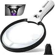 Ebbnivs Large Magnifying Glass with Light, Magnifier 10X 25X 45X Handheld Illuminated Lighted Magnifier with 3 LED Lights 1UV Light Storage Bag Clean Cloth for Seniors Reading Inspection 608B