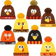 [Crowye] 8pcs Turkey Pom Pom Beanie Hat Thanksgiving Funny Beanie Turkey Hat Turkey Knitted Cap for Kids Baby Adults Men Women Dress up Costume Running Winter Cosplay (Novelty)