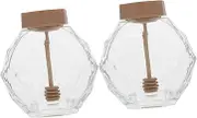 MAGICLULU Honey Jar Wooden Lid 2 Pack Glass Kitchen Honey Bottle Bee Stir Stick for Daily Use