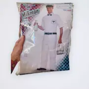 Adult 50's MILKMAN COSTUME XL Chest to 42 NEW 5pc Shirt Pants Hat Bowtie Belt