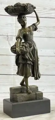 Vintage 15.5" Genuine Bronze Peasant Girl With Fruit Basket Signed Cesaro Figure