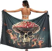 [XYMZR] Women's Sarong Swimsuit Coverups Mushroom Skull Scary Chiffon Bikini Wraps Skirt with Tassels L
