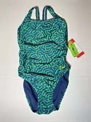 NWT NEW $55 Speedo Women Race Maze Flyback Swimsuit Sz 8 / 34 Blue Green