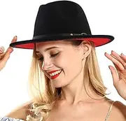 [VANTOBEST] Two Tone Wide Brim Fedora Hats Felt Panama Hat Dress Hat Church Derby Hat with Belt Buckle for Men Women (Black-red), Black, 1