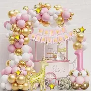 First Birthday Decorations Pink Balloon Arch Kit for Girl,Happy Birthday Banner Number 1 Balloon Garland Kit Party Decor
