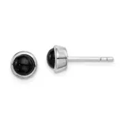 Sterling Silver Rhodium-Plated Polished Onyx Round Bezel Stud Earrings