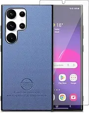 [Asuwish] Mobile Phone Case for Samsung Galaxy S24 Ultra 5G Case with Tempered Glass Screen Protector Glass Leather S24Ultra 24S S 24 24Ultra Mobile Phone Cases Protective Glass Phone Case Blue