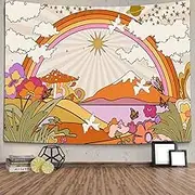 TOMOZ Vintage 70s 60s Groovy Tapestry, Retro Flowers Clouds Sun and Rainbow Tapestry Wall Hanging, Orange Boho Aesthetic Tapestries for Bedroom Living Room Dorm Decor 60 x 51Inch