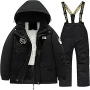[Kingspinner] Boys Girls Winter Snowsuit - Warm Hooded Fleece Snow Coat Jacket + Trousers Windproof Snowboarding Rain Jacket