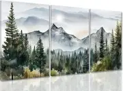 Dytila Framed Green Mountain Wall Art Set of 3, Misty Forest Pictures Wall Decor