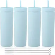 Volhoply 20oz Plastic Skinny Tumblers Bulk 4 Pack,Double Wall Tumbler with Lid and Straw,Reusable Travel Iced Coffee Mug,BPA Free Matte Acrylic Water Cups With Straw for Parties,DIY Gifts(Blue, 4 Set）