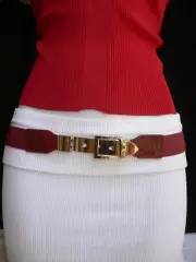 SEXY WOMEN ELASTIC HIP HIGH WAIST NARROW STYLISH RED BELT LONG SILVER BUCKLE S M