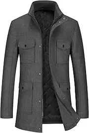 [Gsywaipei] Men's Winter Slim Fit Pea Coat Zipper Casual Woolen Trench Coats Stand Collar Wool Blend Peacoat, Grey, Large