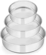 Cake Pan Set of 3, Stainless Steel Round Cake Tin Baking Pans, Healthy & Toxic Free, Leakproof & Easy Clean, Mirror Finish & Sturdy, Oven & Dishwasher Safe (16-20-24cm)