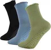 [Himozoo] 3 Pairs Yoga Grip Socks Women, Non Slip Pilates Sock, 100% CottonLadies Mid-Calf Grippy Socks for Ballet, Fitness, Barefoot Workout Gym
