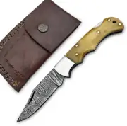 EDC Handmade Damascus Steel Folding Pocket Knife - Camel Bone / Back Lock