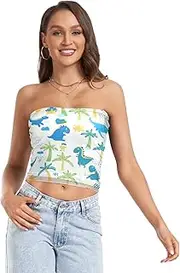 [RPLIFE] Cute Cartoon Dinosaurs Women's Tube Top Sheer Tube Tops, Strapless Tank Top, Tube Tops Summer (S)