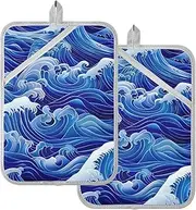 Pot Holder for Kitchen Heat Resistant Japanese Blue Wave Ukiyoe Potholders for Kitchens with Pockets Kitchen Hot Pads Oven Mitts 2 Pack