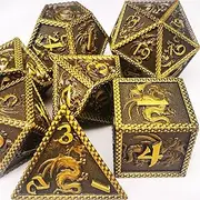 HAOMEJA Metal Dice DND Dragon 7 Set Dice Role Playing Dice D&D 7 Solid Dice for Dungeons and Dragons Pathfinder (Ancient Brass)