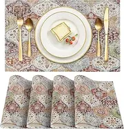ZSYTZL Placemats Set of 4 Washable Durable Table Placemats for Dining Table Mat,Boho Pattern Kitchen Table Mats Decor Place Mats for Kitchen/Dining/Party/Outdoor-Beige Orange