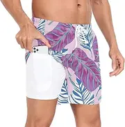 [GuoChe] Swim Shorts for Men Men's Lined Workout Shorts Valentine's Day Tropical Leaves Pink Purple with Compression Liner, Valentine's Day Tropical Leaves Pink Purple, Large